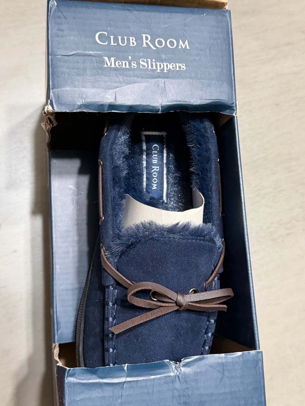 Club Room Men's Navy Faux Suede Moccasin Slippers Lined, Foam - Picture 2 of 2